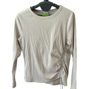 A New Day Top Womens Size L Beige Ribbed Ruched Drawstring Long Sleeve